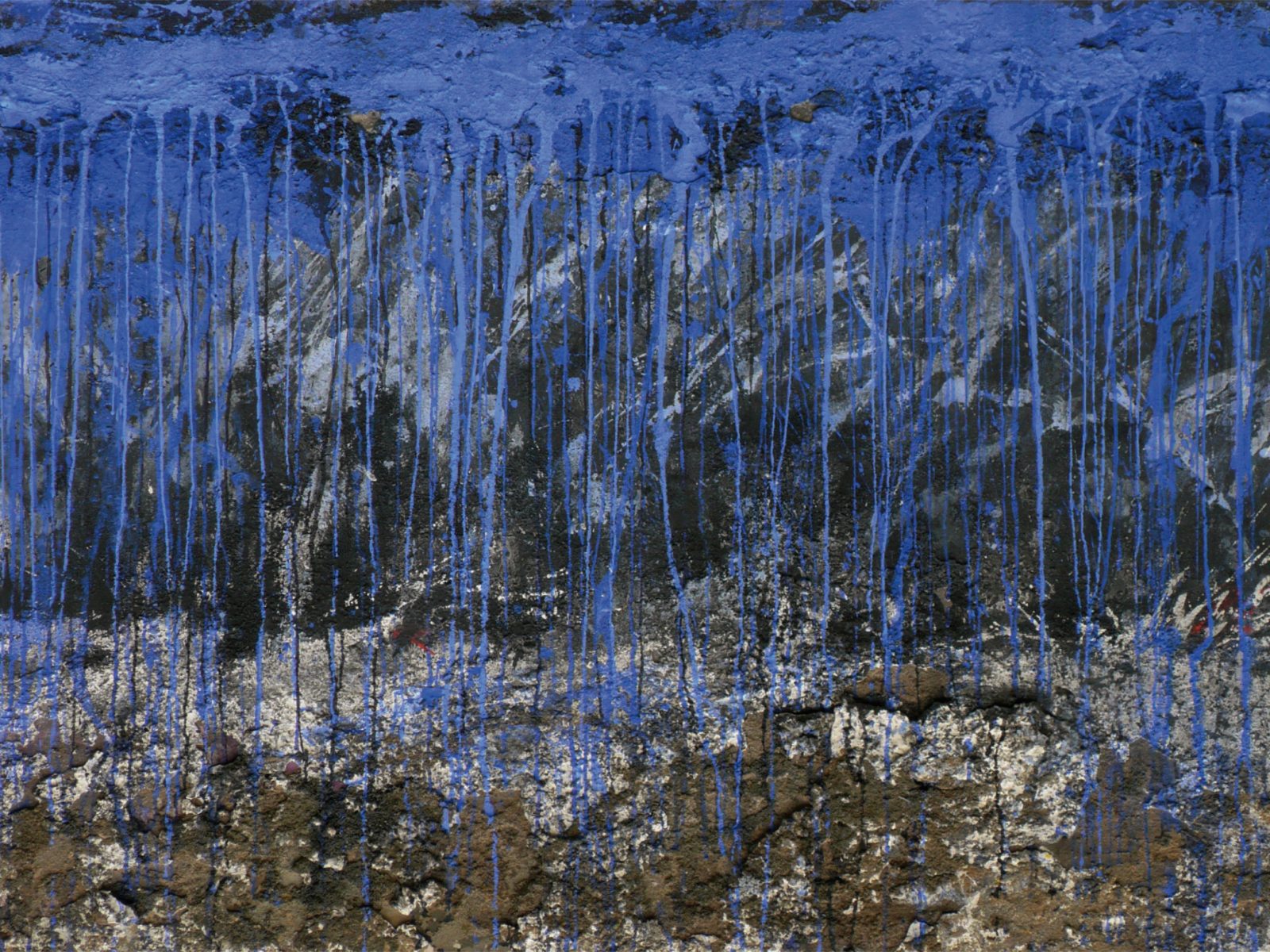 Manfred Fischer 1994 Blaue Landschaft verregnet, Malerei auf Leinwand, 90 x 143 cm